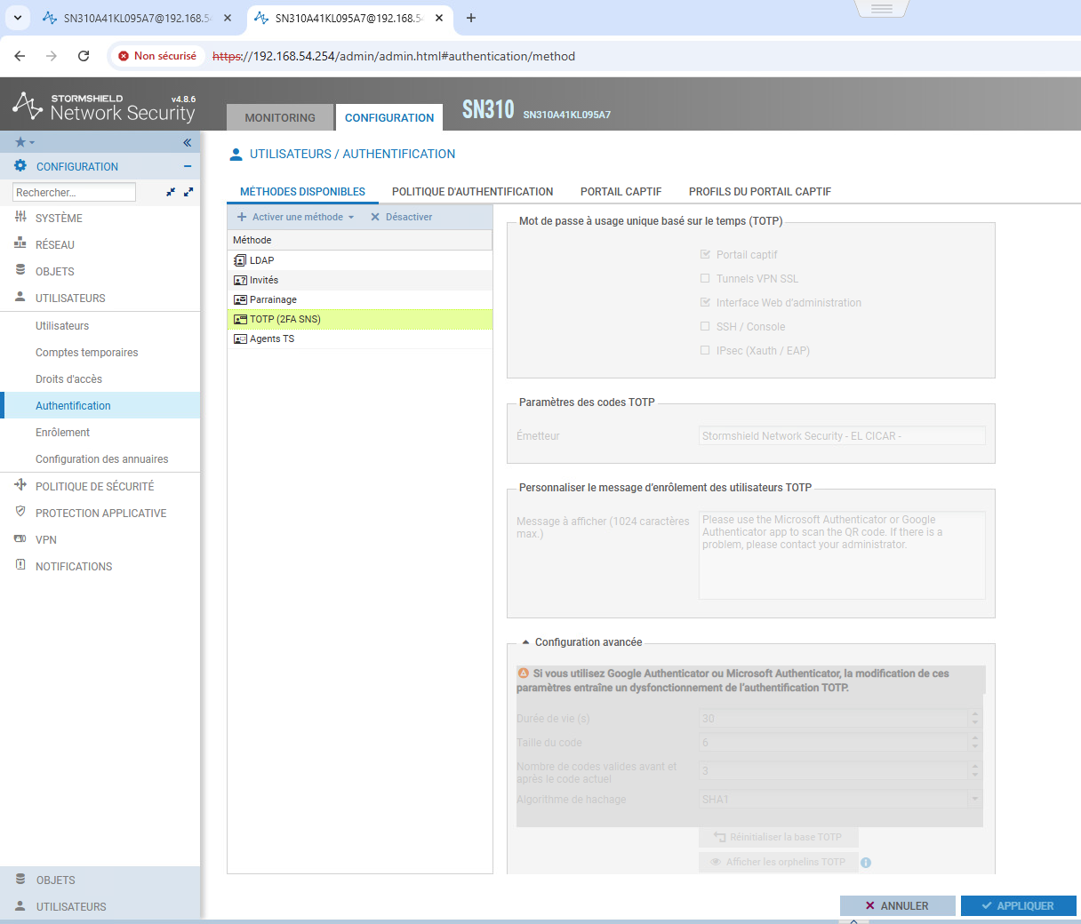 Activation 2FA Stormshield